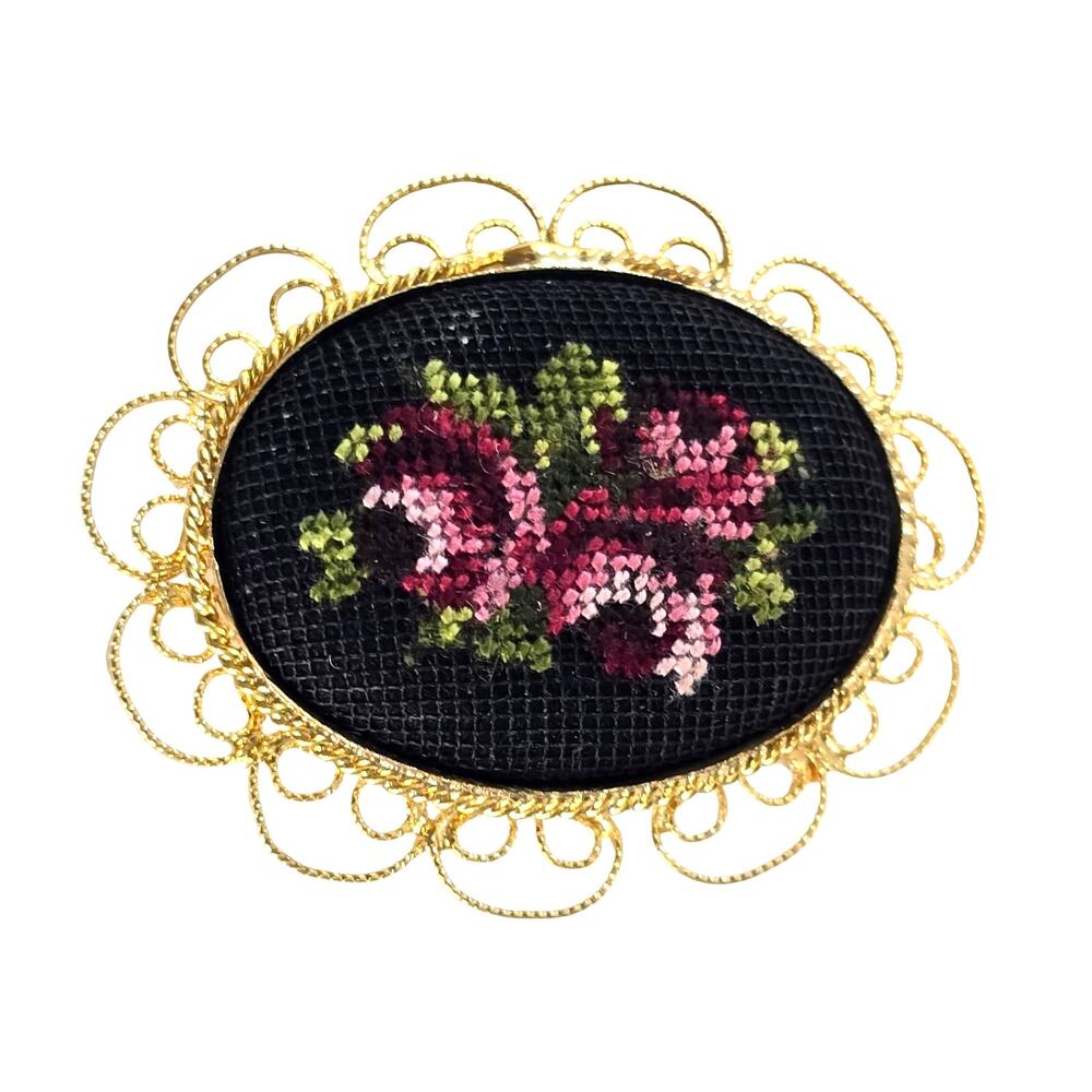 Vintage Brooch Petite Point Needlepoint Roses Black Pink Gold Filigree Feminine